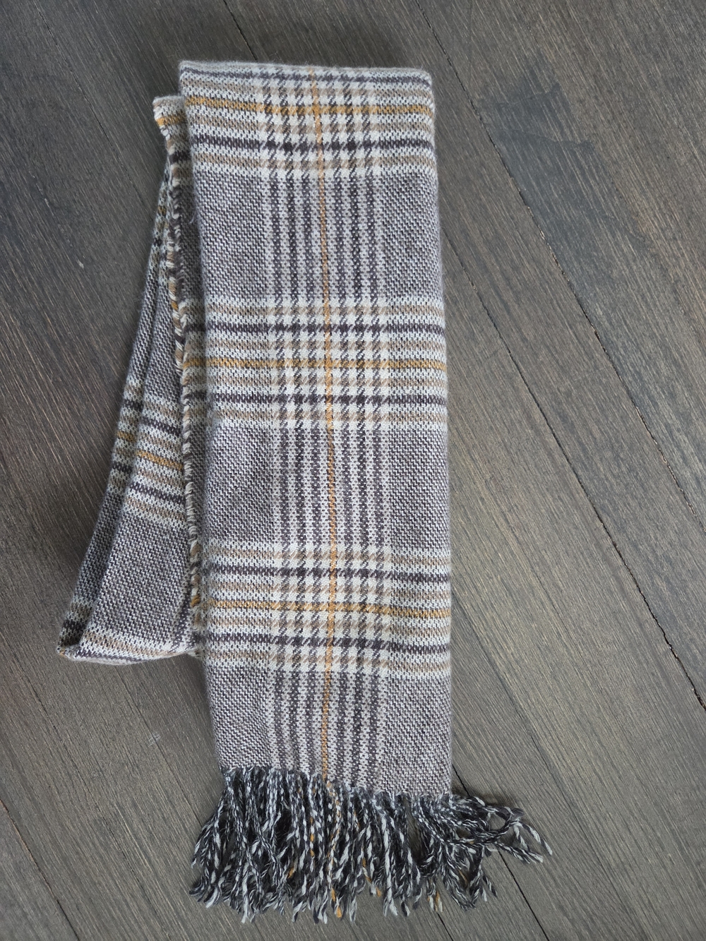 Gray and Tan Plaid Fringe Scarf